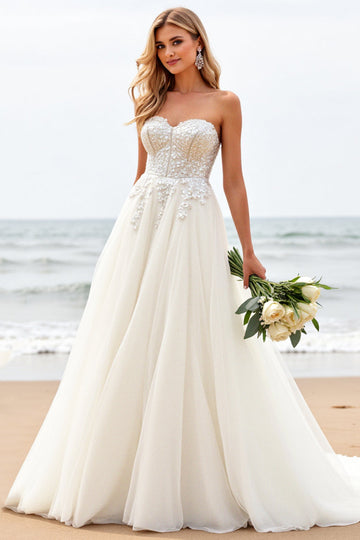 Ivory Strapless Lace Tulle A Line Beach Wedding Dress